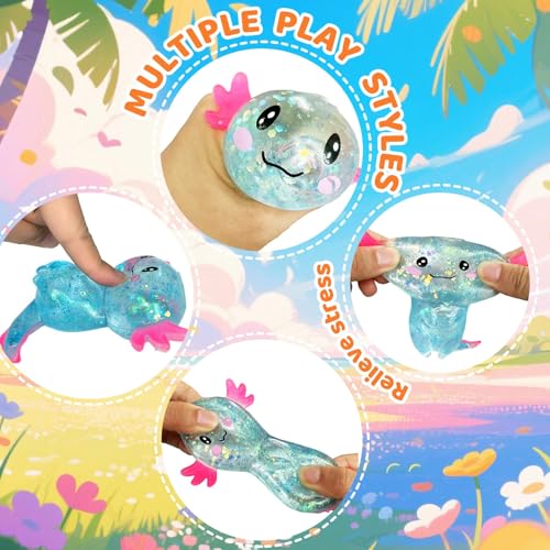 Puffwize Glitter Axolotl Squeeze Toy - Axolotl Shape - Blue